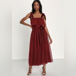Lovely Influence Wine Red Tulle Swiss Dot Tie-Strap Midi Dress